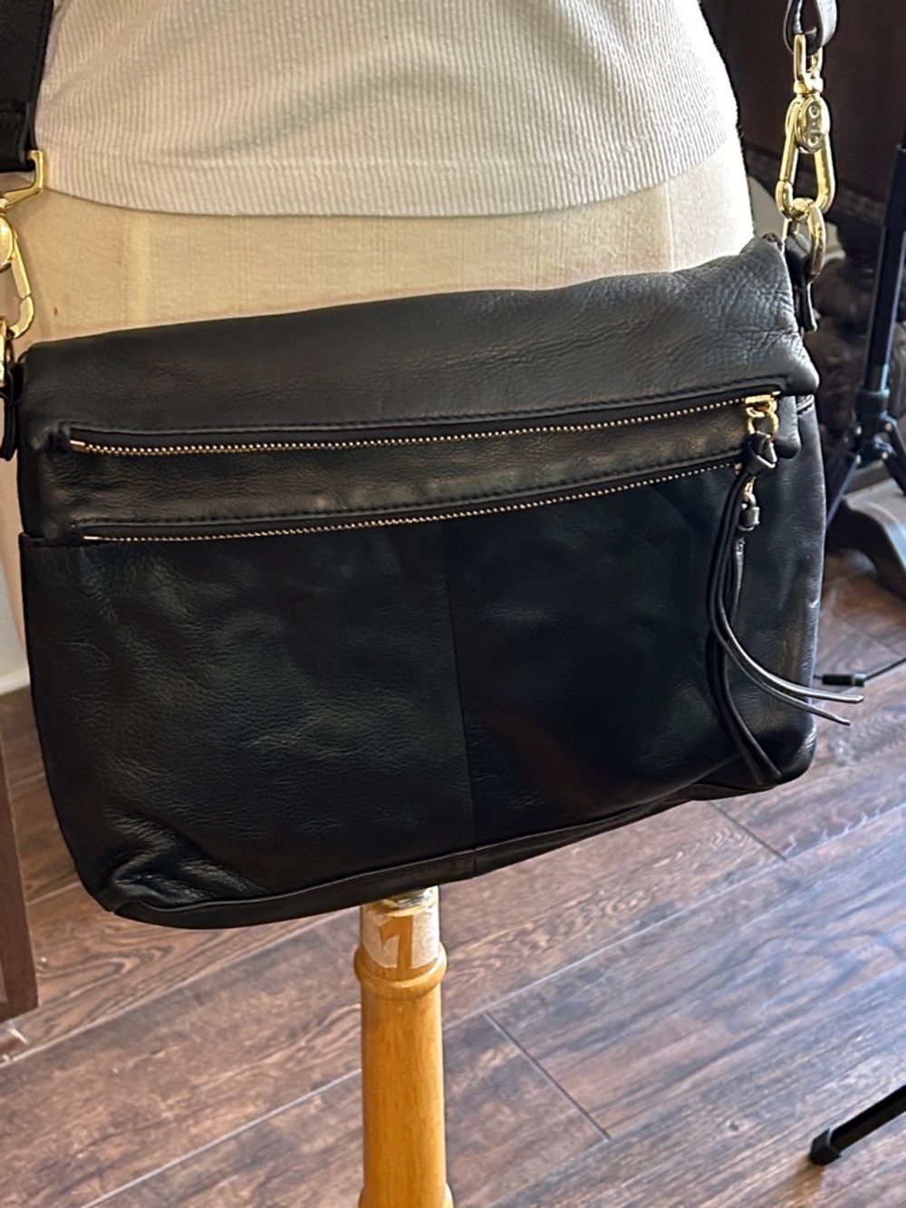 Margot Black Leather Crossbody Hobo Bag with Gold Hardware